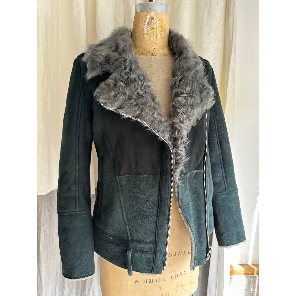Lamb Fur Leather Jacket suede genuine sherpa lined moto gray black green Coat M